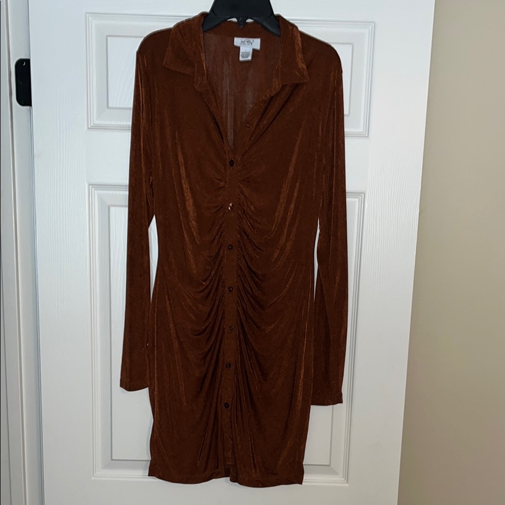 A New Day Brown Ruched Long Sleeve Shirt Dress
